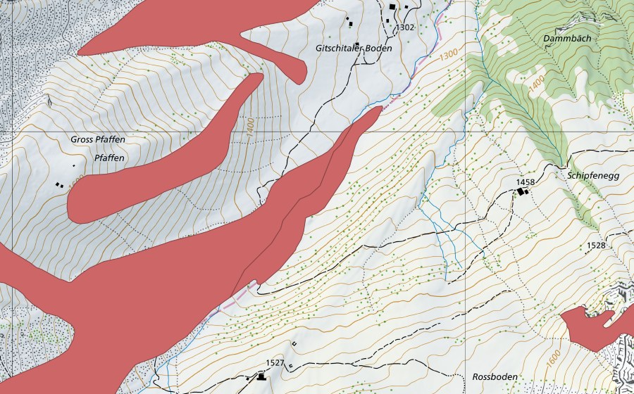 swisstopo national map showing the protected perimeter of Gross Pfaffen (Dry meadow)