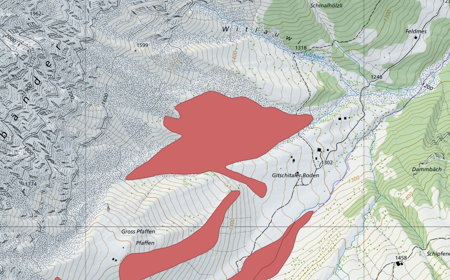 swisstopo national map showing the protected perimeter of Gross Pfaffen (Dry meadow)