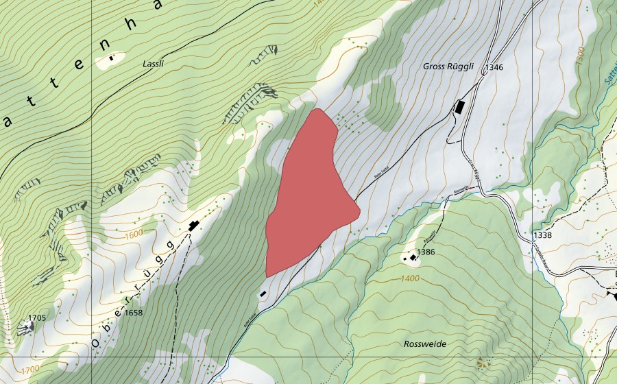 Carte nationale swisstopo avec le périmètre protégé de Gross Rüggli (Prairie sèche)
