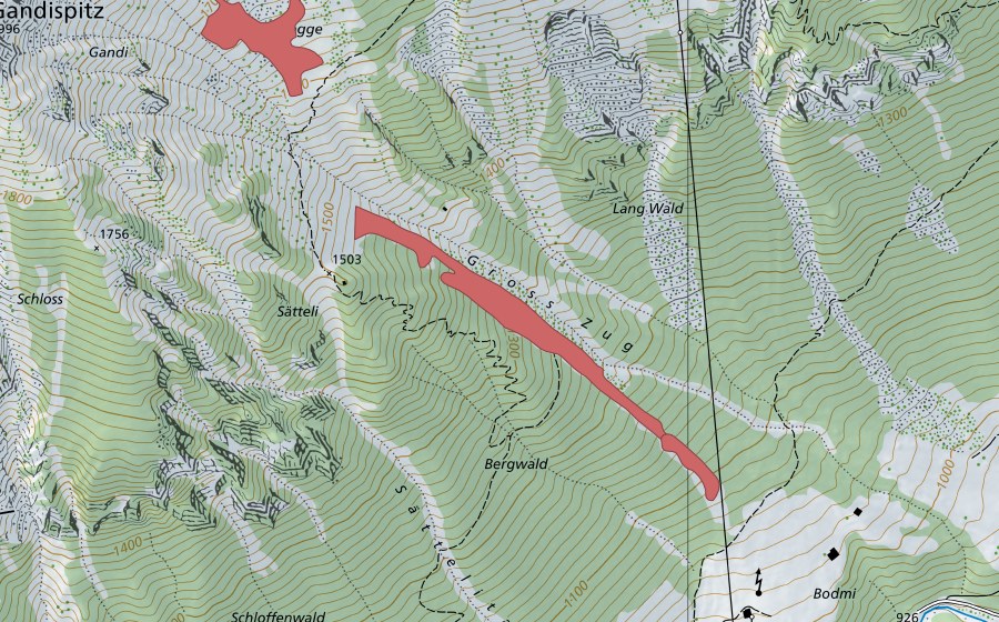 Carte nationale swisstopo avec le périmètre protégé de Gross Zug (Prairie sèche)