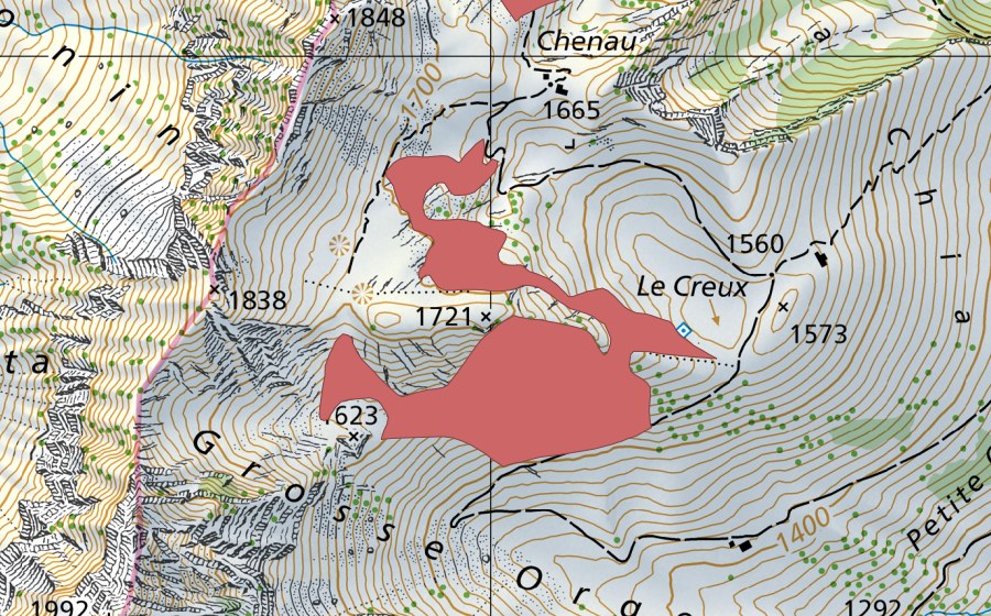 Carte nationale swisstopo avec le périmètre protégé de Grosse Orgevalette (Prairie sèche)