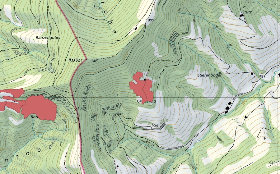 swisstopo national map showing the protected perimeter of Grossweid (Dry meadow)