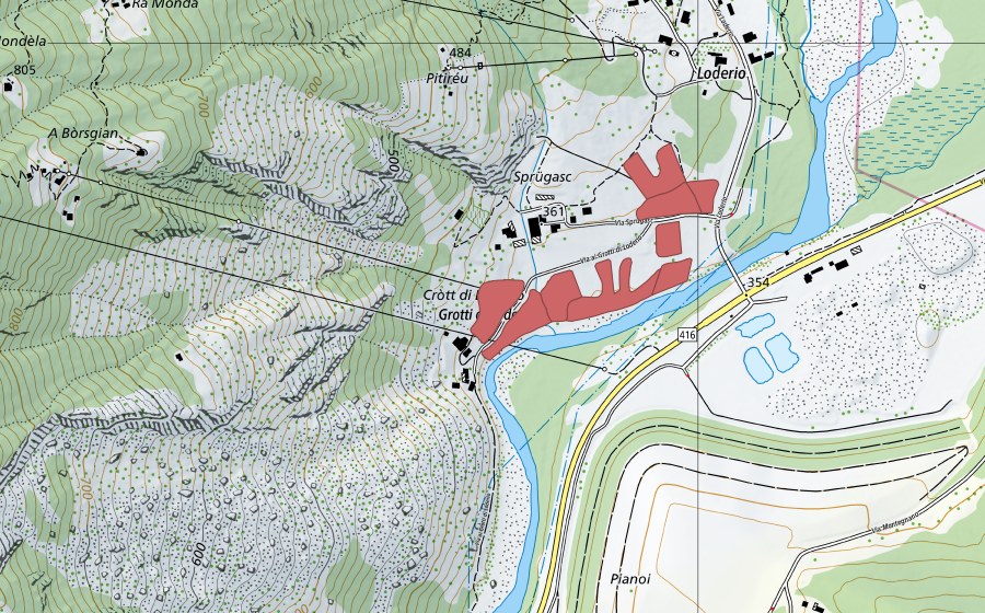 Landeskarte swisstopo mit dem Schutzperimeter von Grotti di Loderio (Trockenwiese)