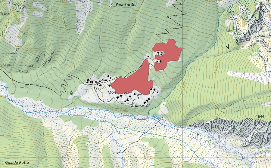swisstopo national map showing the protected perimeter of Grumascòi (Dry meadow)