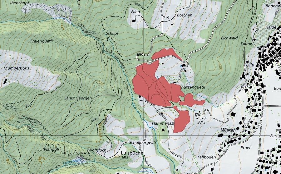 Carte nationale swisstopo avec le périmètre protégé de Grüt (Prairie sèche)