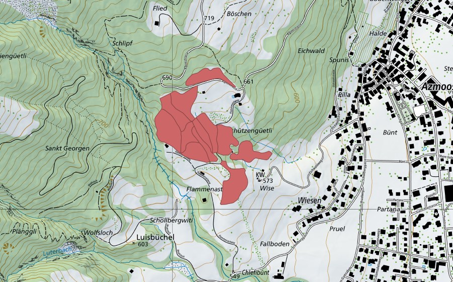 Landeskarte swisstopo mit dem Schutzperimeter von Grüt (Trockenwiese)