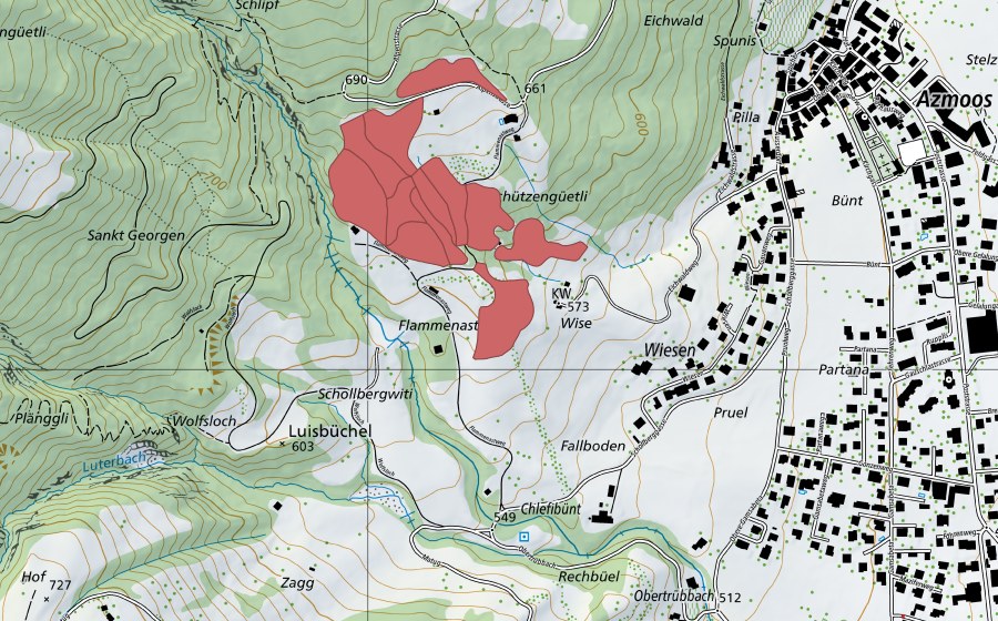 Carte nationale swisstopo avec le périmètre protégé de Grüt (Prairie sèche)