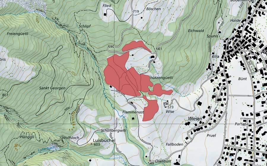 Landeskarte swisstopo mit dem Schutzperimeter von Grüt (Trockenwiese)