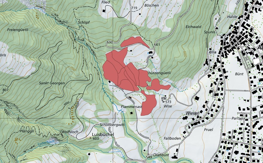 Carte nationale swisstopo avec le périmètre protégé de Grüt (Prairie sèche)