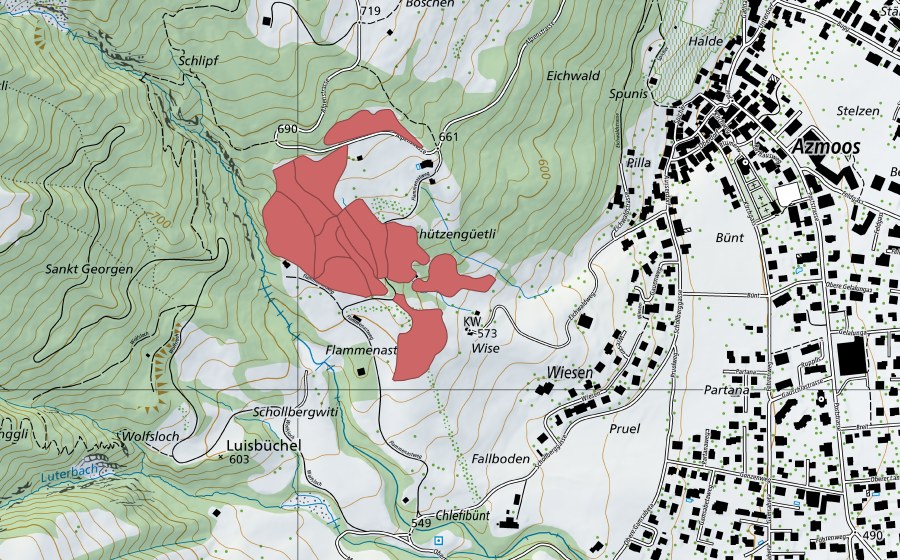 Carte nationale swisstopo avec le périmètre protégé de Grüt (Prairie sèche)