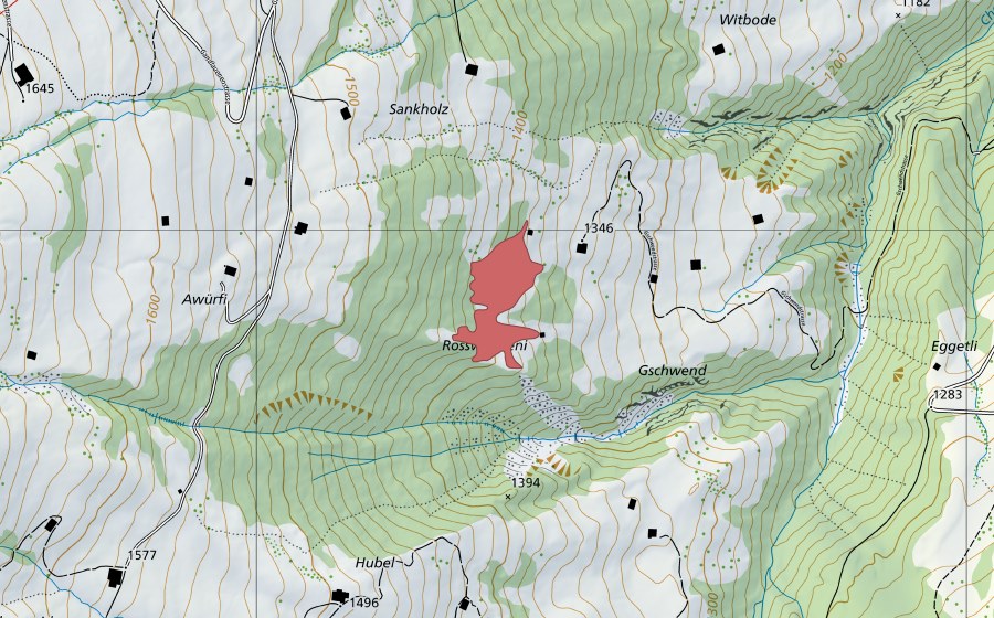 Carte nationale swisstopo avec le périmètre protégé de Gschwend (Prairie sèche)