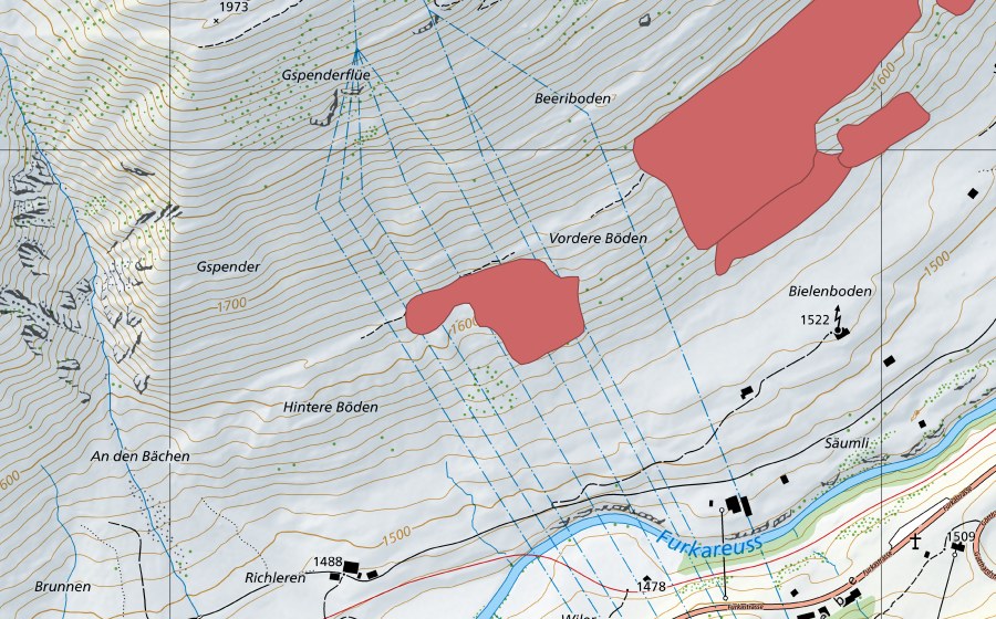 Landeskarte swisstopo mit dem Schutzperimeter von Gspender (Trockenwiese)