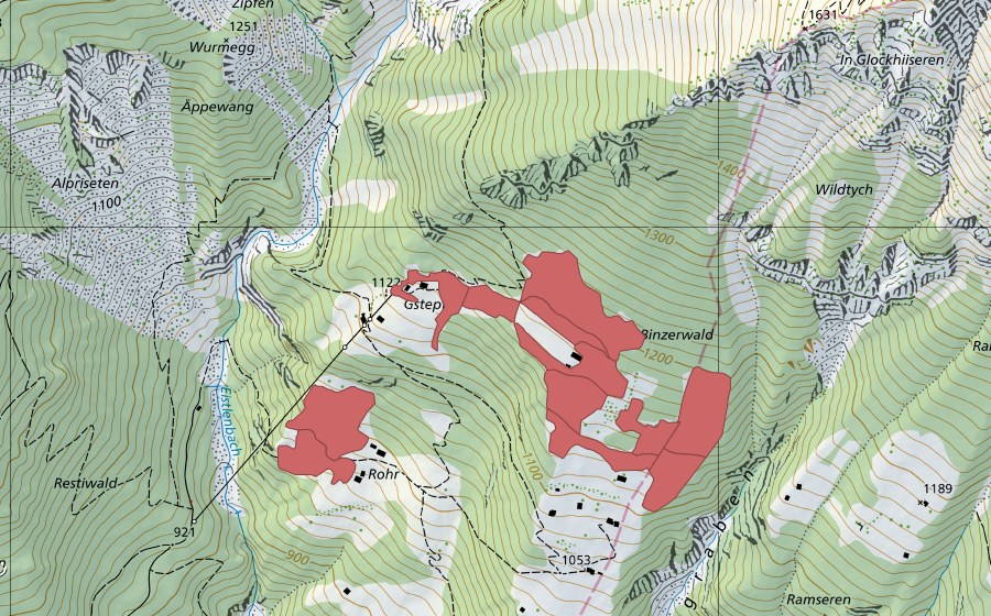 Carte nationale swisstopo avec le périmètre protégé de Gstepf (Prairie sèche)