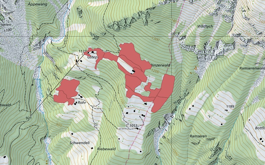 swisstopo national map showing the protected perimeter of Gstepf (Dry meadow)