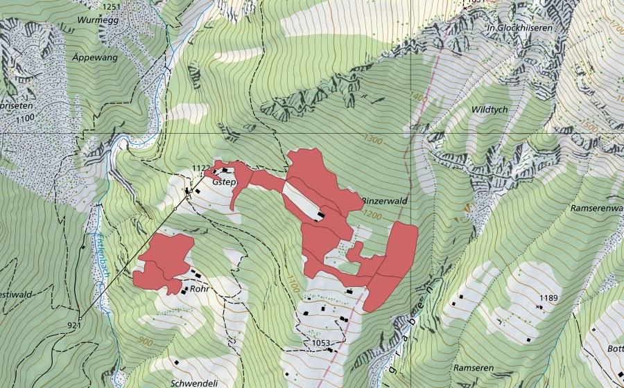Landeskarte swisstopo mit dem Schutzperimeter von Gstepf (Trockenwiese)