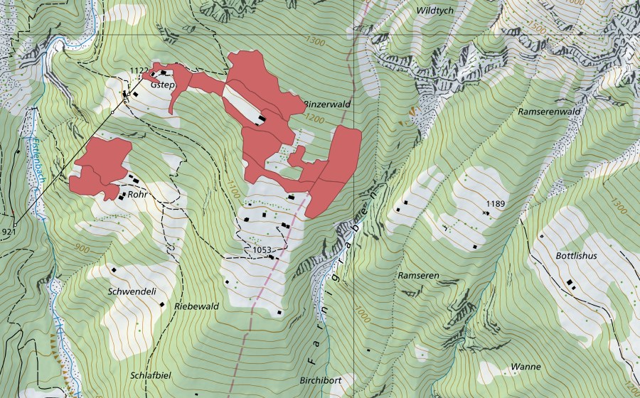 swisstopo national map showing the protected perimeter of Gstepf (Dry meadow)