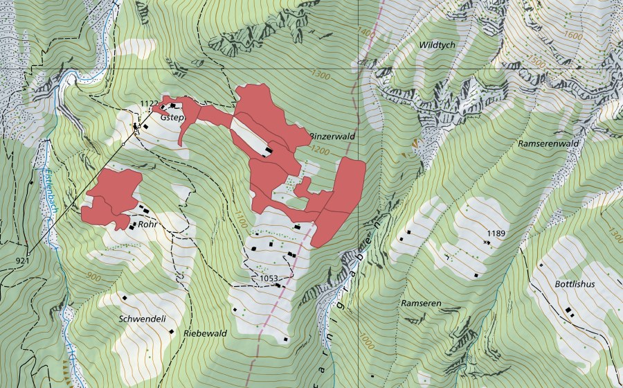 Landeskarte swisstopo mit dem Schutzperimeter von Gstepf (Trockenwiese)