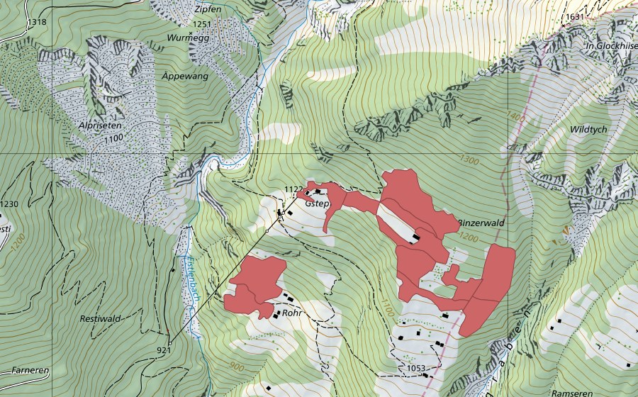 swisstopo national map showing the protected perimeter of Gstepf (Dry meadow)