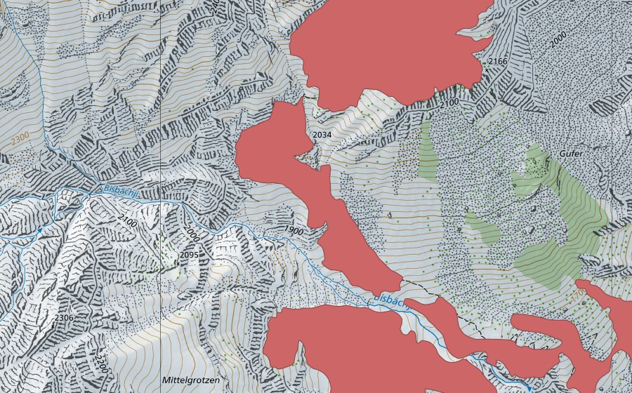 swisstopo national map showing the protected perimeter of Gufer (Dry meadow)