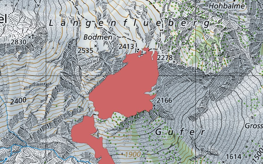 Carte nationale swisstopo avec le périmètre protégé de Gufer (Prairie sèche)