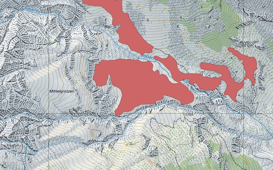 swisstopo national map showing the protected perimeter of Gufer (Dry meadow)