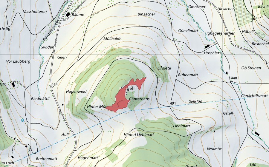 Carte nationale swisstopo avec le périmètre protégé de Gugeli (Prairie sèche)