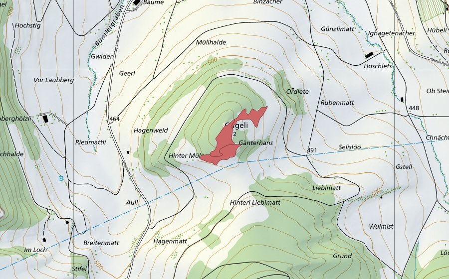 Carte nationale swisstopo avec le périmètre protégé de Gugeli (Prairie sèche)