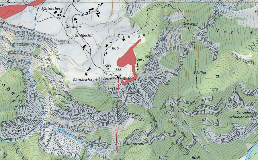 Carte nationale swisstopo avec le périmètre protégé de Guger (Prairie sèche)
