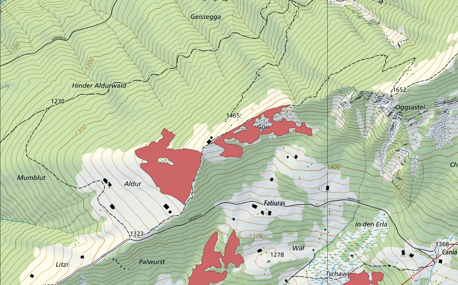 Landeskarte swisstopo mit dem Schutzperimeter von Güger (Trockenwiese)