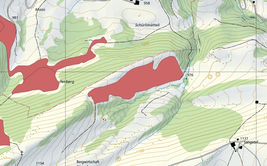 Carte nationale swisstopo avec le périmètre protégé de Güggel (Prairie sèche)