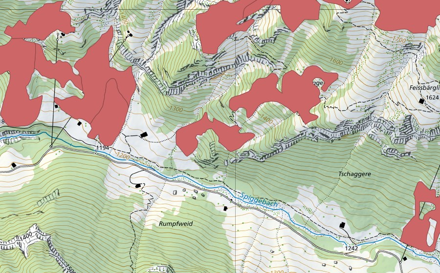 Landeskarte swisstopo mit dem Schutzperimeter von Gugger (Trockenwiese)