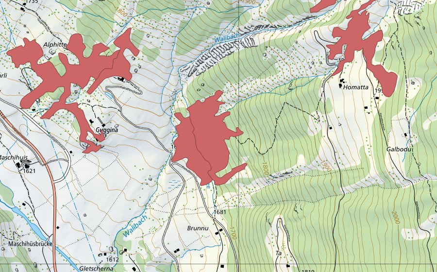 swisstopo national map showing the protected perimeter of Guggina (Dry meadow)