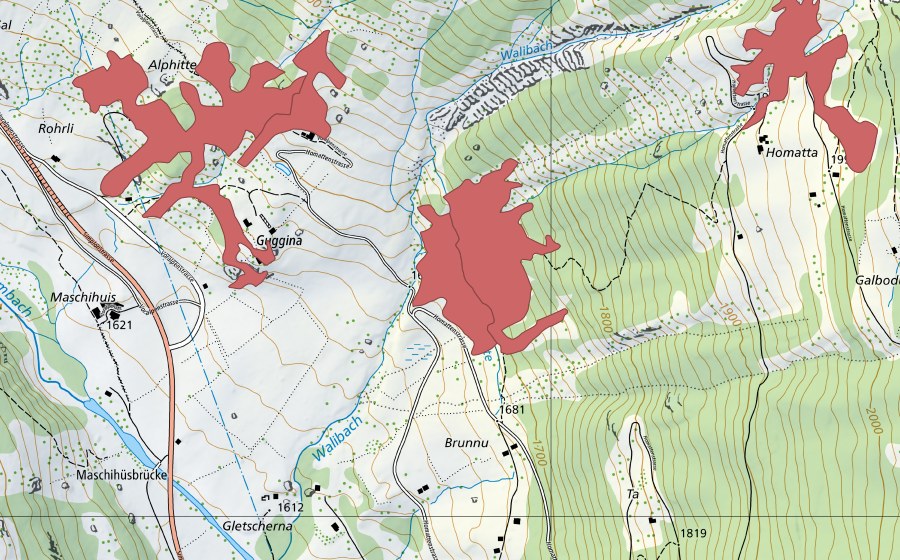 Landeskarte swisstopo mit dem Schutzperimeter von Guggina (Trockenwiese)
