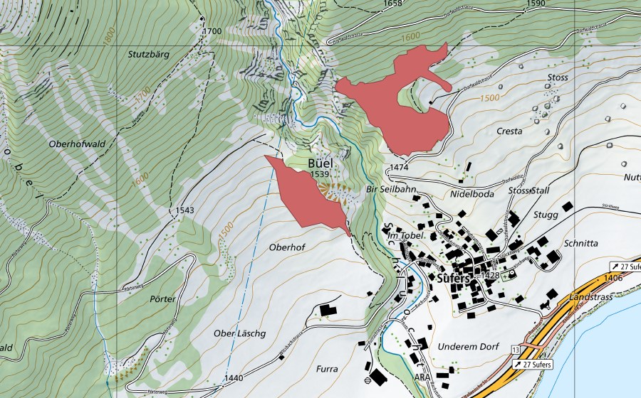 swisstopo national map showing the protected perimeter of Gul (Dry meadow)