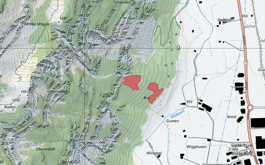 Carte nationale swisstopo avec le périmètre protégé de Gumen (Prairie sèche)