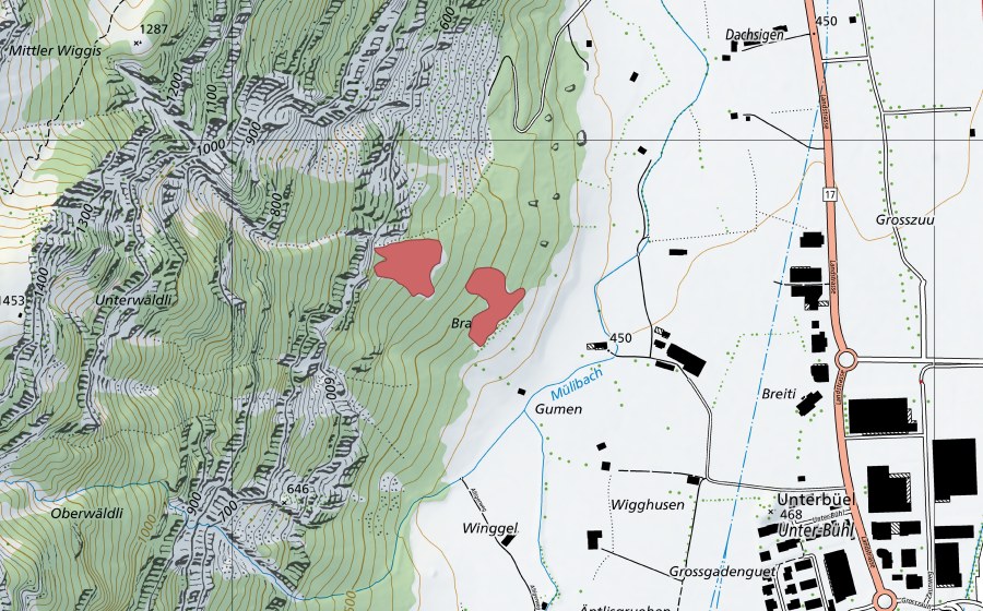 Carte nationale swisstopo avec le périmètre protégé de Gumen (Prairie sèche)