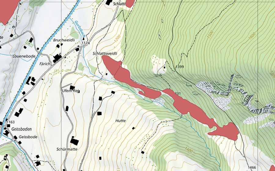 Carte nationale swisstopo avec le périmètre protégé de Gurbsbach (Prairie sèche)