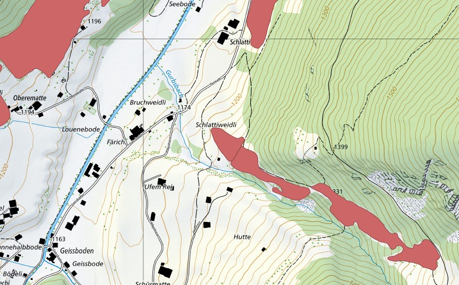 Carte nationale swisstopo avec le périmètre protégé de Gurbsbach (Prairie sèche)
