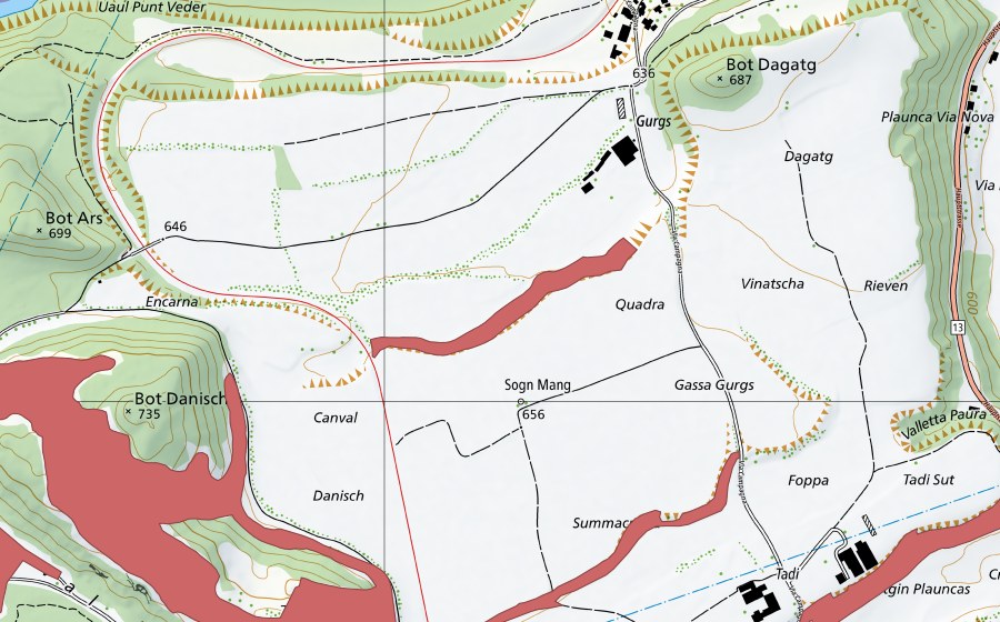Carte nationale swisstopo avec le périmètre protégé de Gurgs (Prairie sèche)