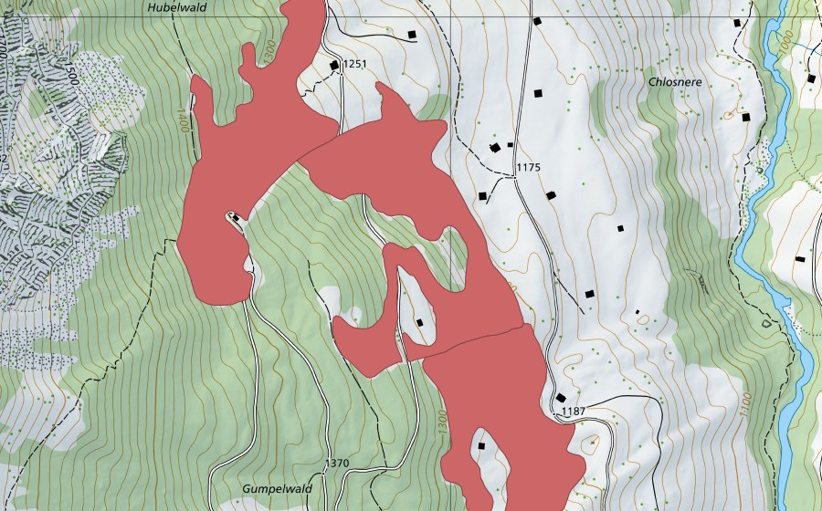 swisstopo national map showing the protected perimeter of Gürmschi (Dry meadow)