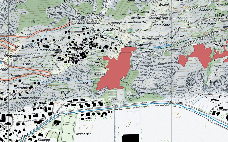 Landeskarte swisstopo mit dem Schutzperimeter von Gurru (Trockenwiese)