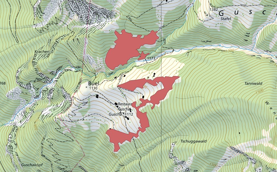 swisstopo national map showing the protected perimeter of Guscha (Dry meadow)