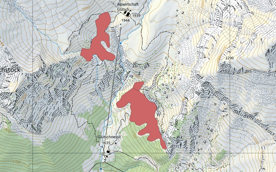 Landeskarte swisstopo mit dem Schutzperimeter von Gütschnessli (Trockenwiese)
