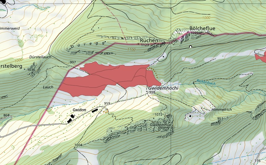 Carte nationale swisstopo avec le périmètre protégé de Gwidem (Prairie sèche)