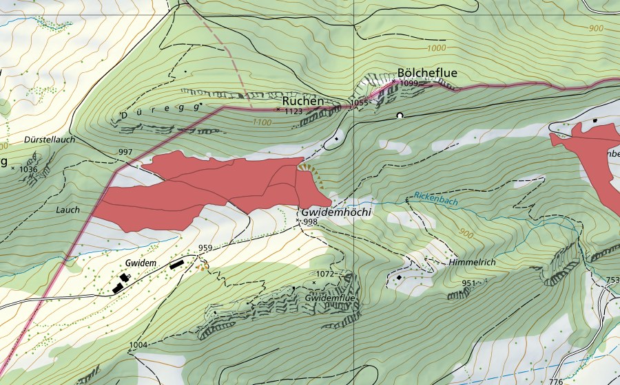 Carte nationale swisstopo avec le périmètre protégé de Gwidem (Prairie sèche)