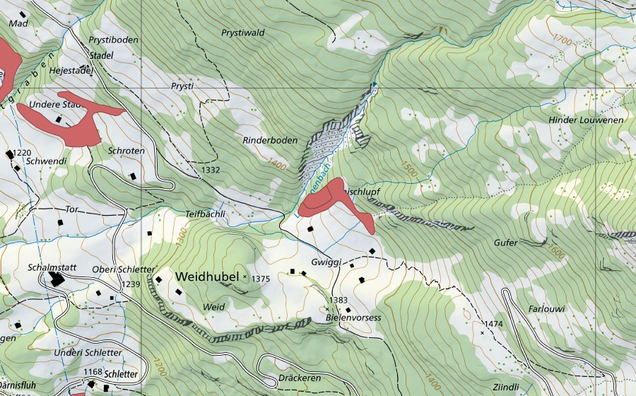 Carte nationale swisstopo avec le périmètre protégé de Gwiggi (Prairie sèche)