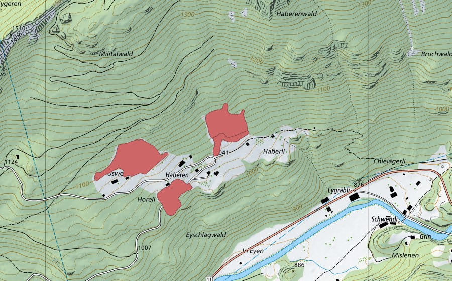 Carte nationale swisstopo avec le périmètre protégé de Haberen (Prairie sèche)