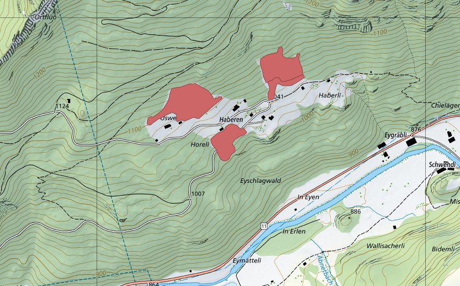 Carte nationale swisstopo avec le périmètre protégé de Haberen (Prairie sèche)