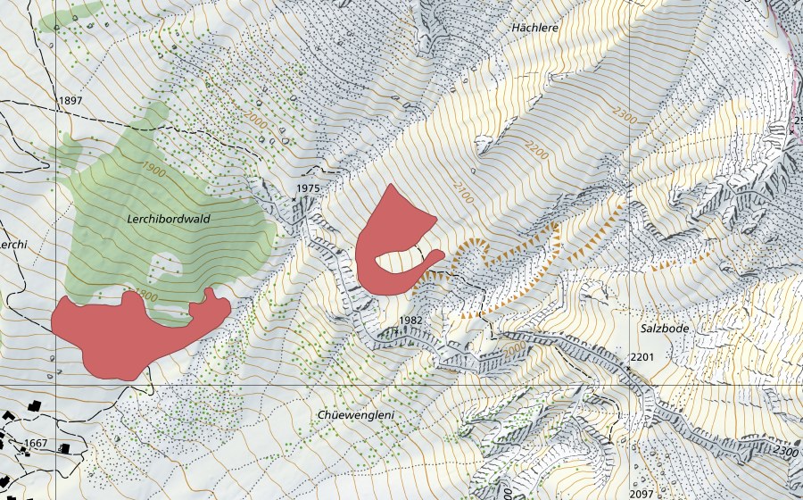 Landeskarte swisstopo mit dem Schutzperimeter von Hächlere (Trockenwiese)