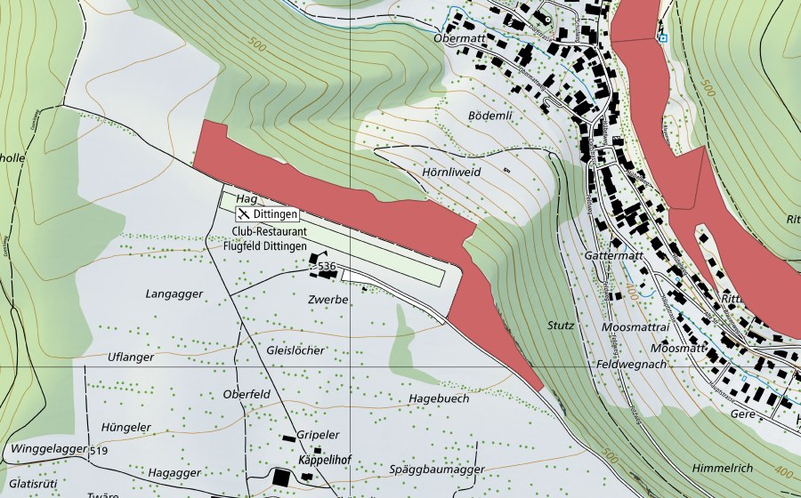 Landeskarte swisstopo mit dem Schutzperimeter von Hag (Trockenwiese)